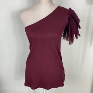 Elizabeth and‎ James One Shoulder Top Size XS Maroon Burgundy Ruffled Sleeve Y2K